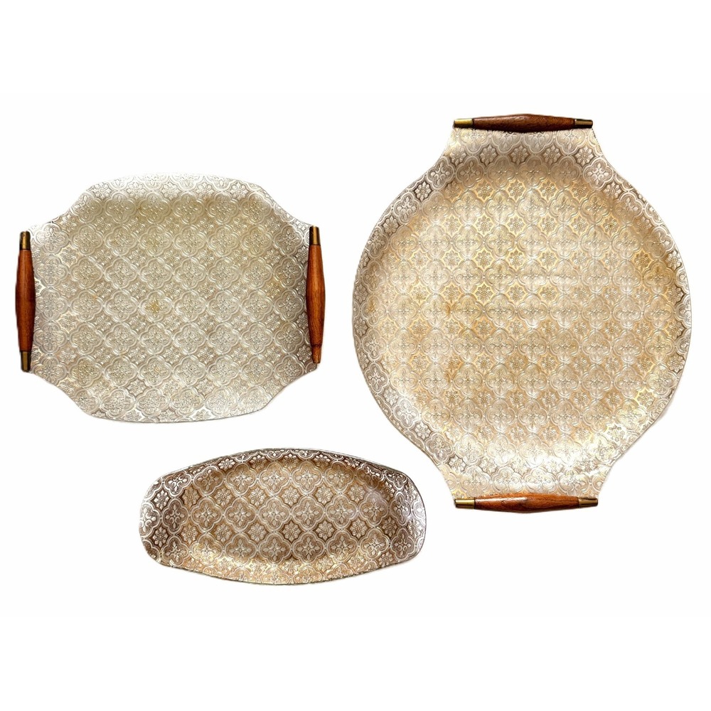Vtg 60s Georges Briard "Iberia" Gold Embossed Glass Serving Tray Set (3 Pieces)